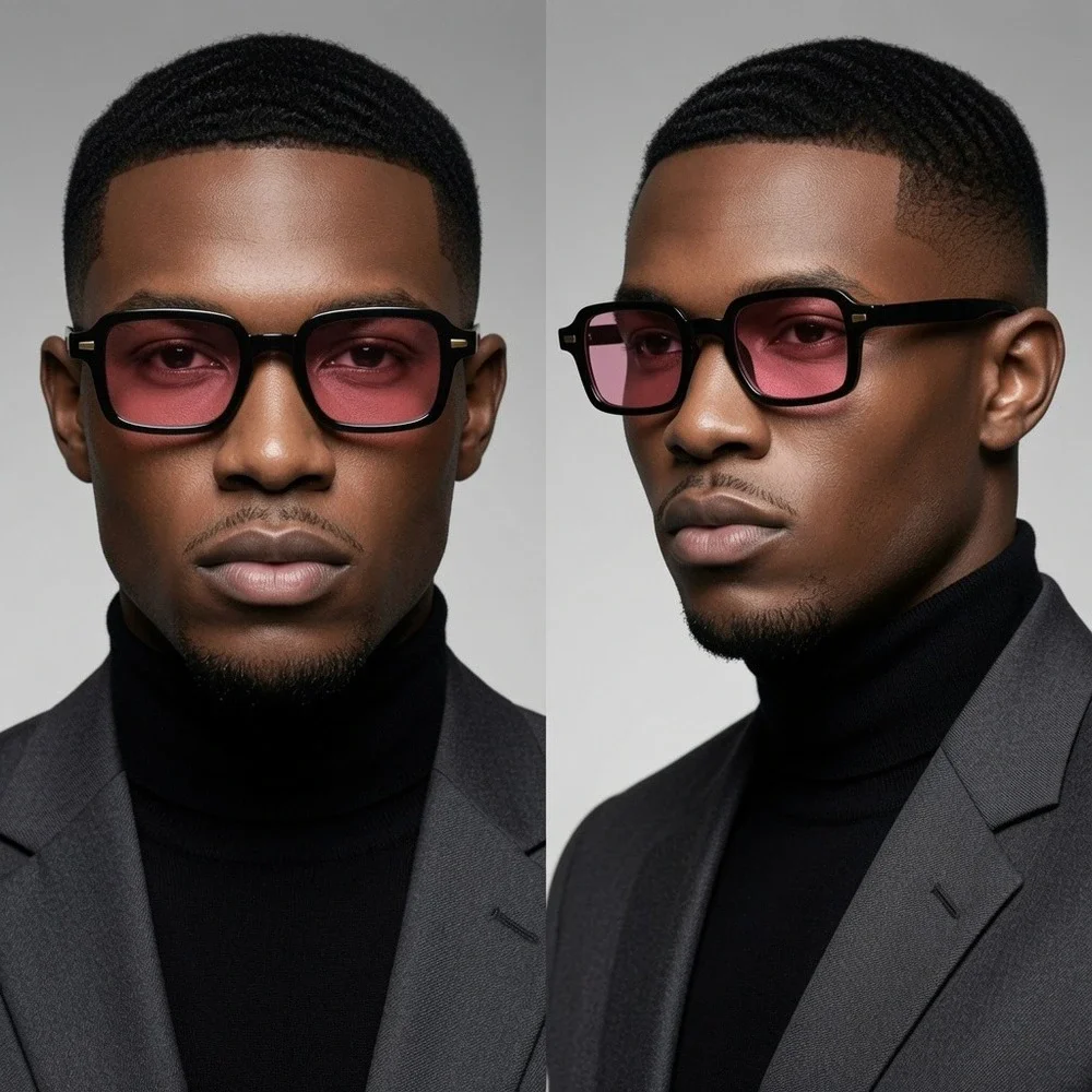 Mens Square Black Frame Sunglasses Pink Tinted Lens Retro Vintage Style UV400